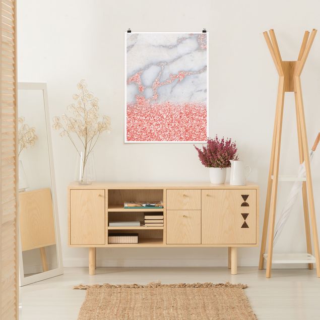 Plakater abstrakt Marble Look With Pink Confetti
