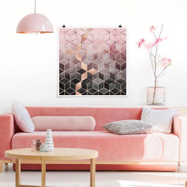 Plakater kunsttryk Pink Grey Golden Geometry