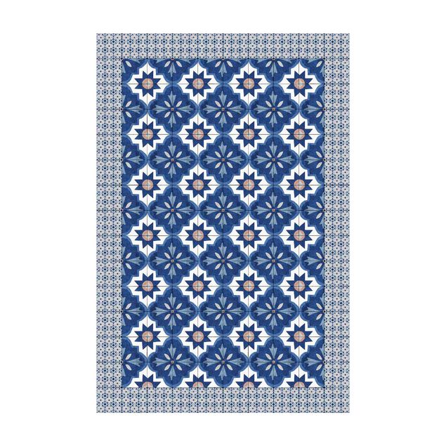 blomstret gulvtæppe Moroccan Tiles Watercolour Blue With Tile Frame