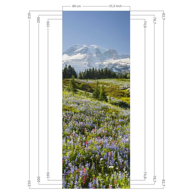 Vægbeklædning brusekabine - Mountain Meadow With Blue Flowers in Front of Mt. Rainier