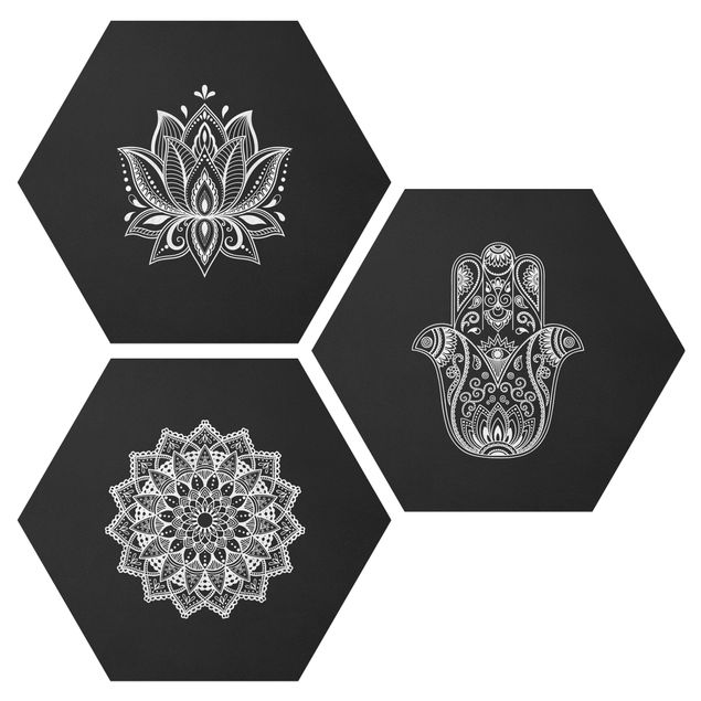 Billeder spirituelt Mandala Hamsa Hand Lotus Set On Black