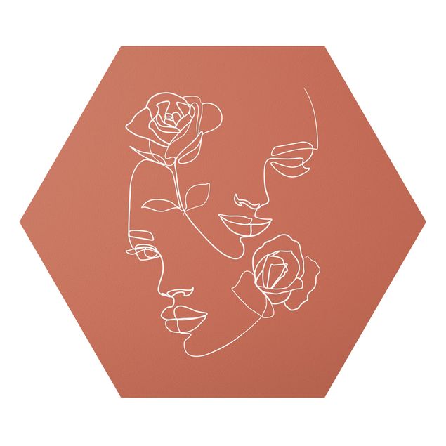 Billeder kunsttryk Line Art Faces Women Roses Copper