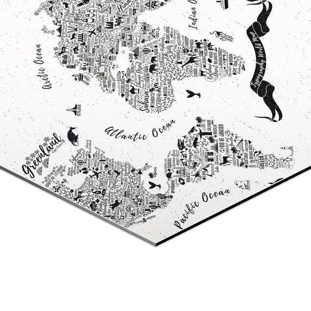 Sekskantede billeder Typography World Map White