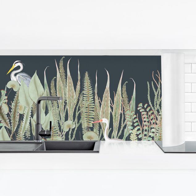 Køkken stænkplade Flamingo And Stork With Plants On Green