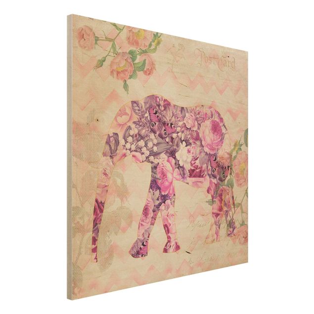 køkken dekorationer Vintage Collage - Pink Flowers Elephant