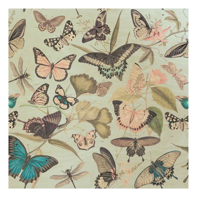 Prints på træ blomster Vintage Collage - Butterflies And Dragonflies