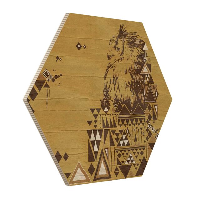 Hexagon Bild Holz - No.MW17 Indianische Eule