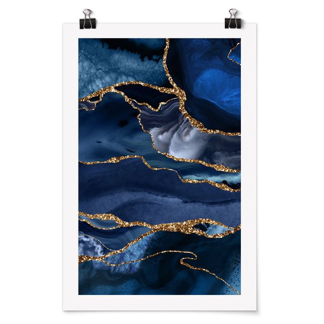 Billeder kunsttryk Golden Glitter Waves Blue Backdrop