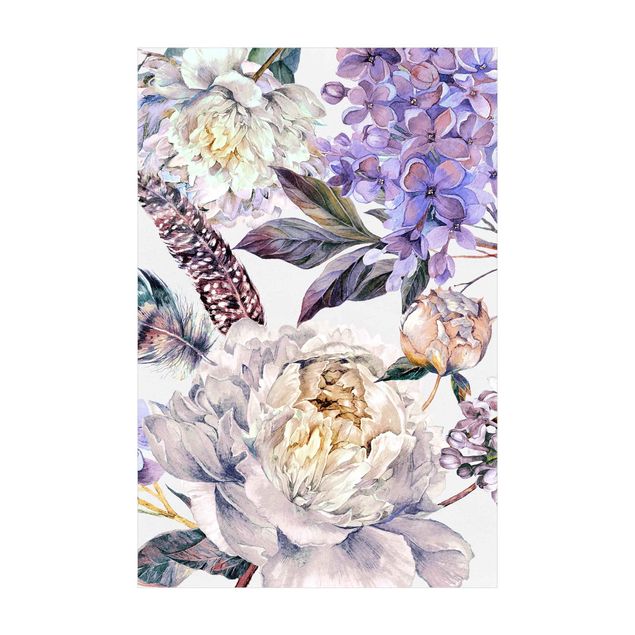 pastel gulvtæppe Delicate Watercolour Boho Flowers And Feathers Pattern