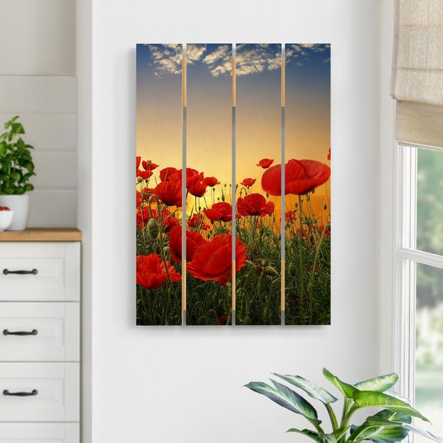 Prints på træ blomster Poppy Field In Sunset