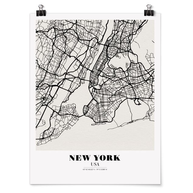 Plakater sort og hvid New York City Map - Classic