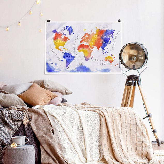 Plakater verdenskort World Map Watercolour Purple Red Yellow