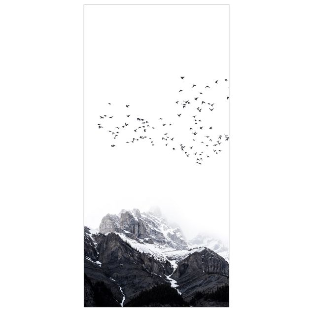 Rumdeler Flock Of Birds In Front Of Mountains Black And White