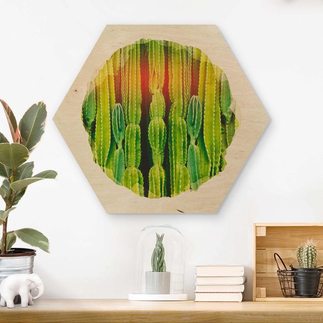 Prints på træ blomster WaterColours - Cactus Wall