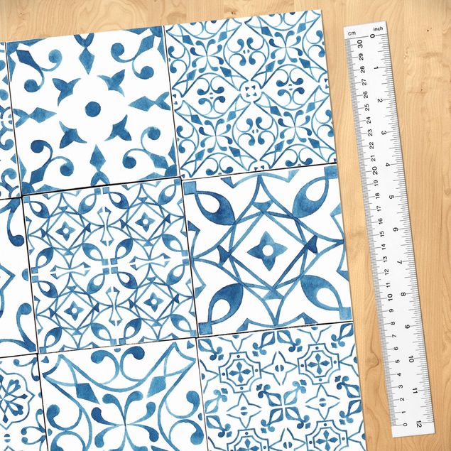 Selvklæbende folier blå Patterned Tiles Blue White