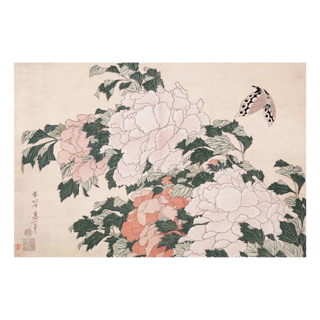Stænkplader glas Katsushika Hokusai - Pink Peonies With Butterfly