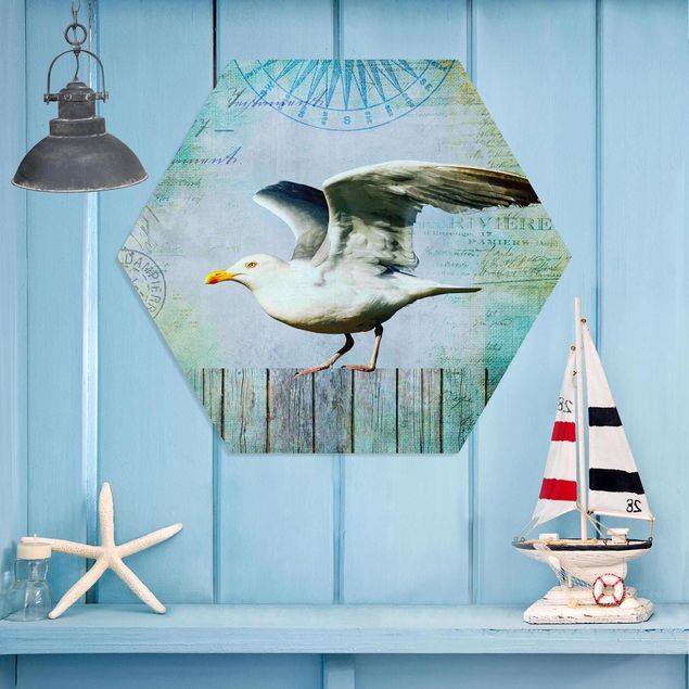 køkken dekorationer Vintage Collage - Seagull On Wooden Planks