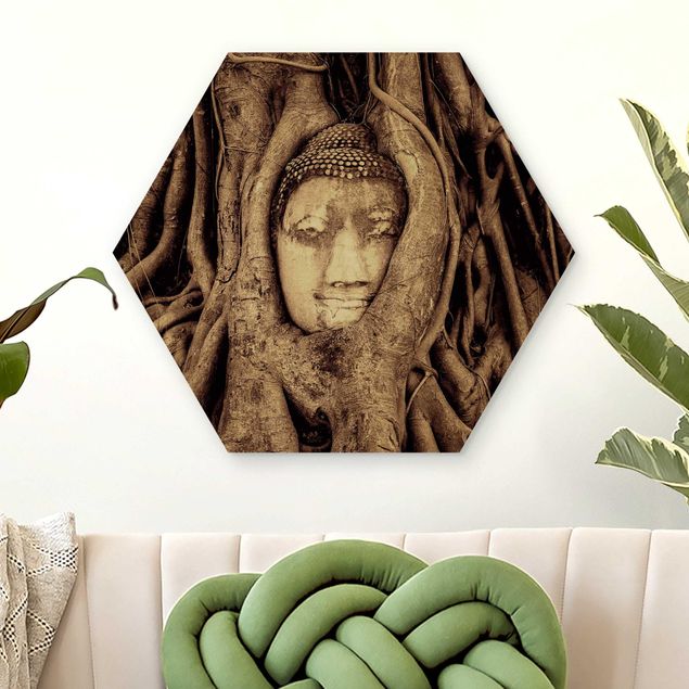 køkken dekorationer Buddha In Ayutthaya Lined From Tree Roots In Brown
