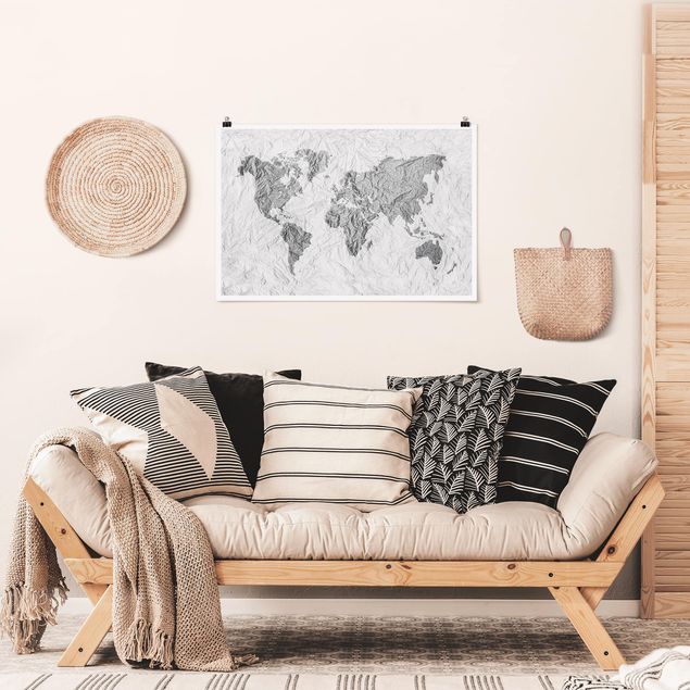 Plakater sort og hvid Paper World Map White Grey