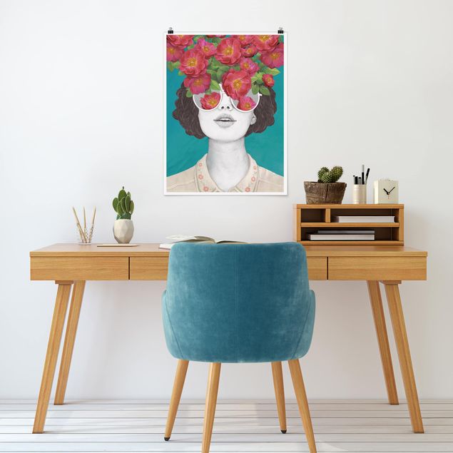 Billeder kunsttryk Illustration Portrait Woman Collage With Flowers Glasses