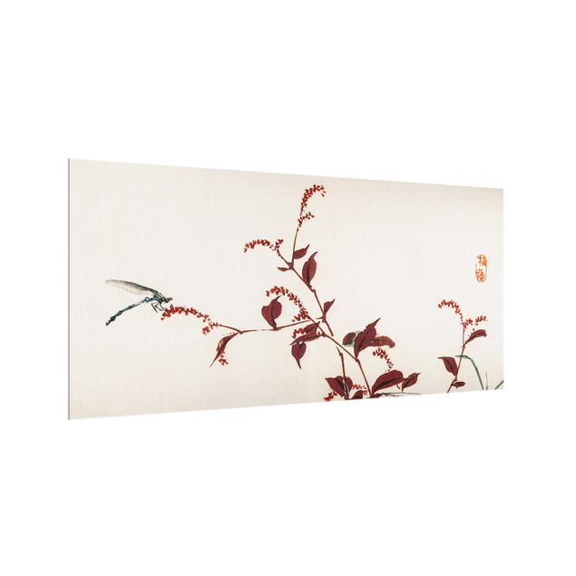 Stænkplader glas Asian Vintage Drawing Red Branch With Dragonfly