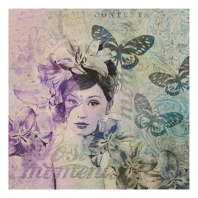 Prints på træ vintage Shabby Chic Collage - Portrait With Butterflies