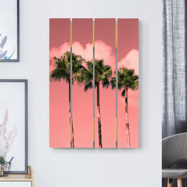 Prints på træ blomster Palm Trees Against Sky Pink