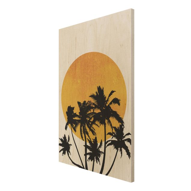 Prints på træ landskaber Palm Trees In Front Of Golden Sun