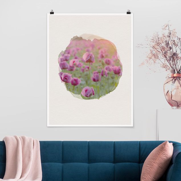 Billeder valmuer WaterColours - Violet Poppy Flowers Meadow In Spring