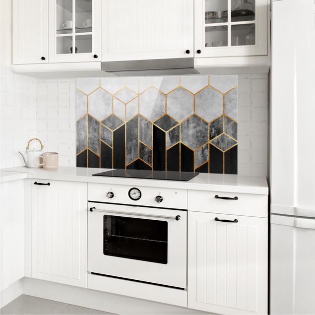 Stænkplader glas mønstre Golden Hexagons Black And White
