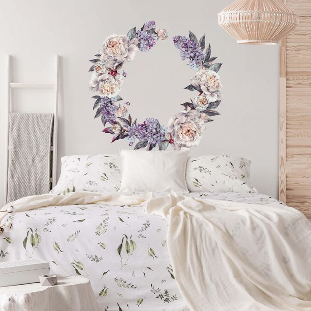 Wallstickers blomster Watercolour Lilac Peonies Wreath XXL