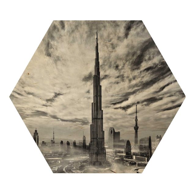Hexagon Bild Holz - Dubai Super Skyline