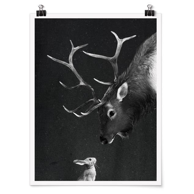 Plakater sort og hvid Illustration Deer And Rabbit Black And White Drawing
