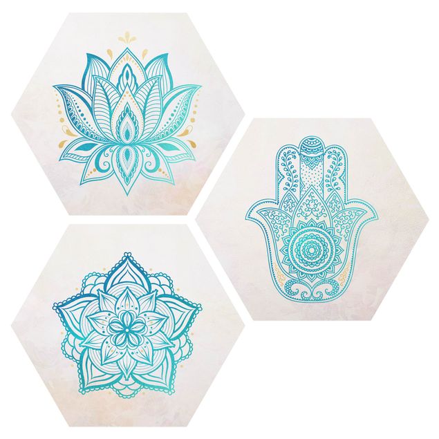 Billeder spirituelt Mandala Hamsa Hand Lotus Set Gold Blue