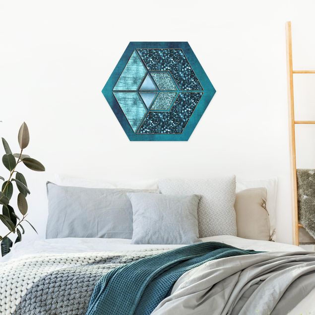Billeder kunsttryk Blue Hexagon With Gold Outline