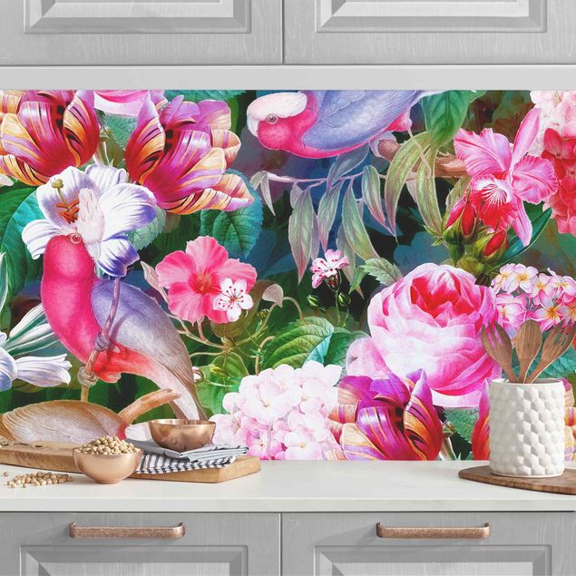 køkken dekorationer Colourful Tropical Flowers With Birds Pink