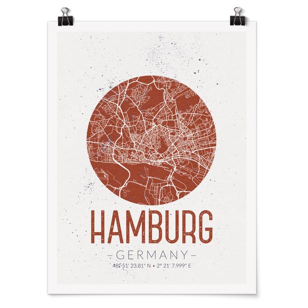 Plakater verdenskort Hamburg City Map - Retro
