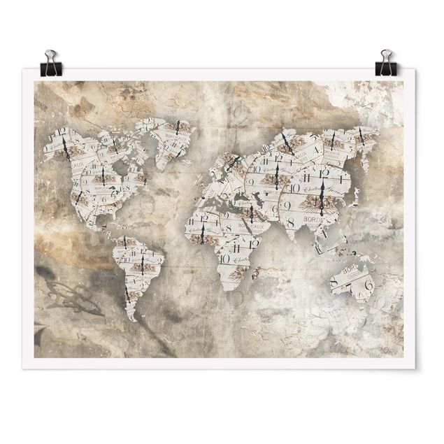 Plakater ordsprog Shabby Clocks World Map