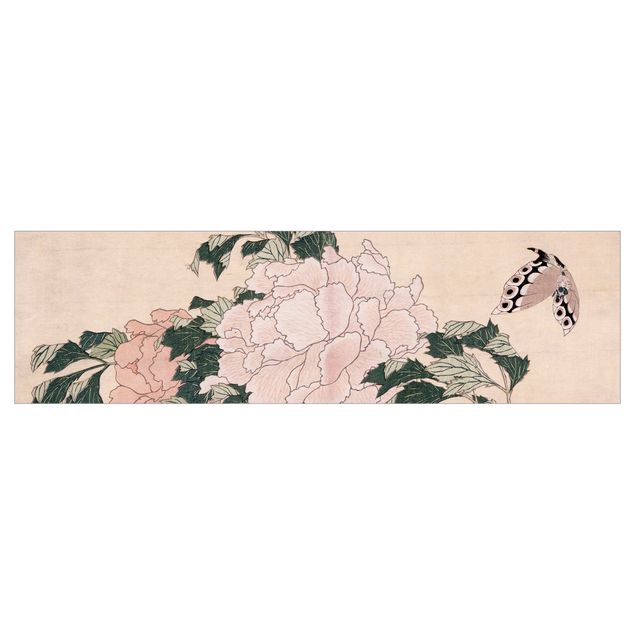 Selvklæbende folier Katsushika Hokusai - Pink Peonies With Butterfly
