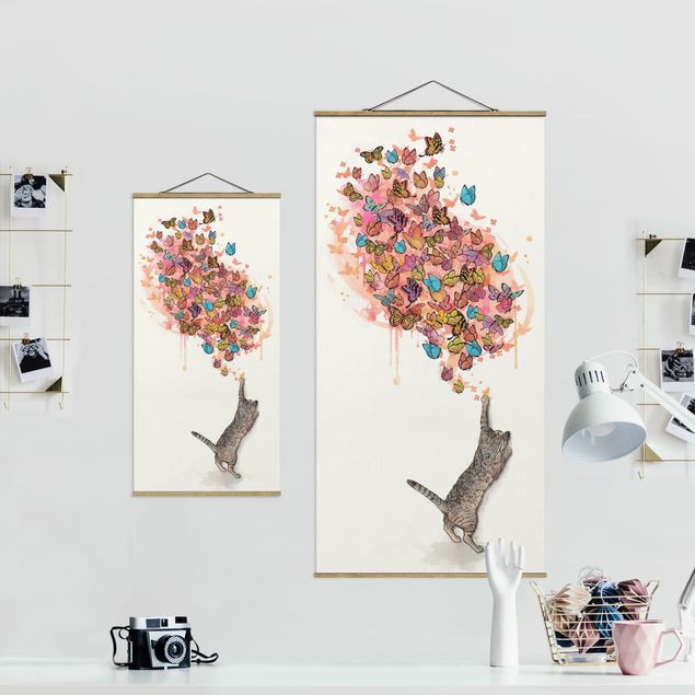 Billeder dyr Illustration Cat With Colourful Butterflies Painting