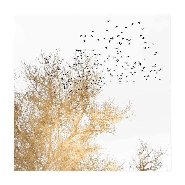guld tæppe Flock Of Birds In Front Of Golden Tree