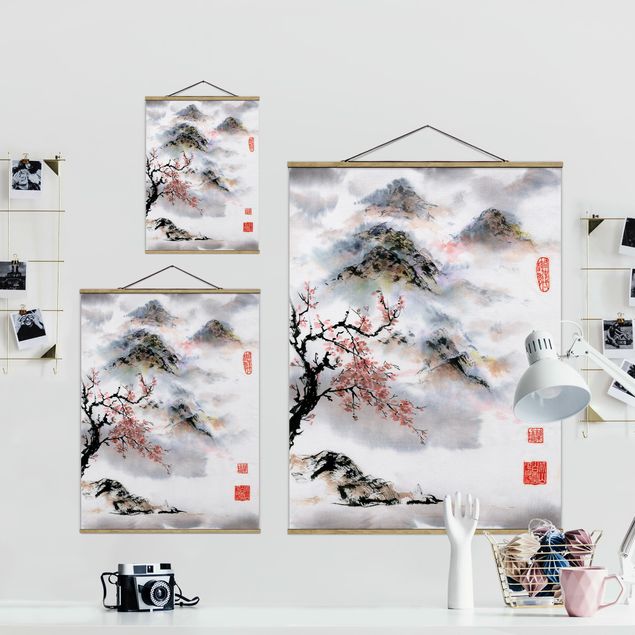 Billeder blomster Japanese Watercolour Drawing Cherry Tree And Mountains