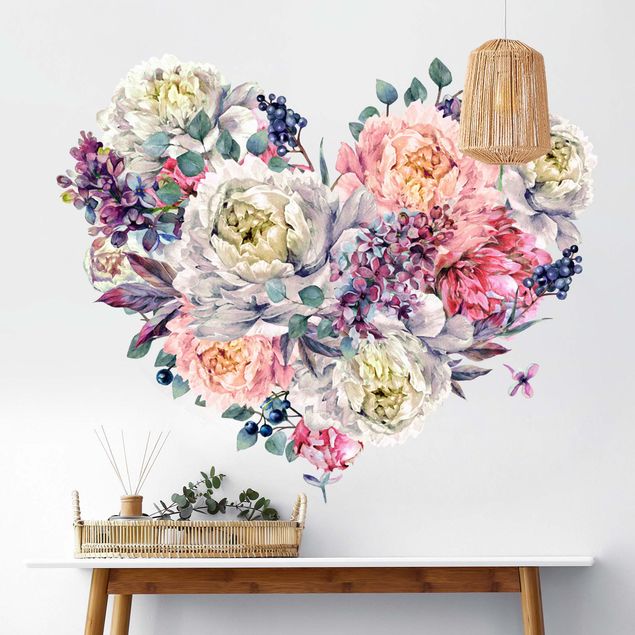 Wallstickers roser Watercolour Heart Blossoms Bouquet XXL