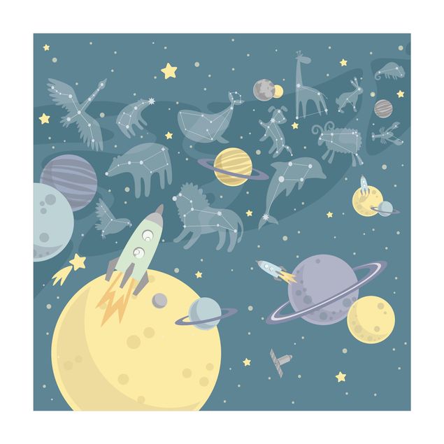 blåt gulvtæppe Planets With Zodiac And Rockets
