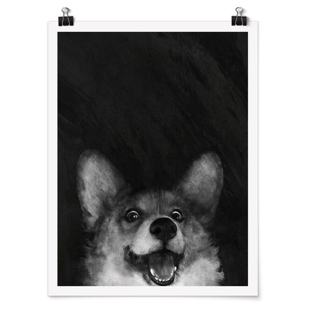 Plakater kunsttryk Illustration Dog Corgi Paintig Black And White