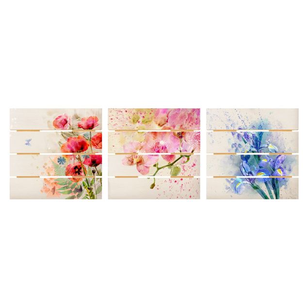 Prints på træ Watercolour Flower Trio