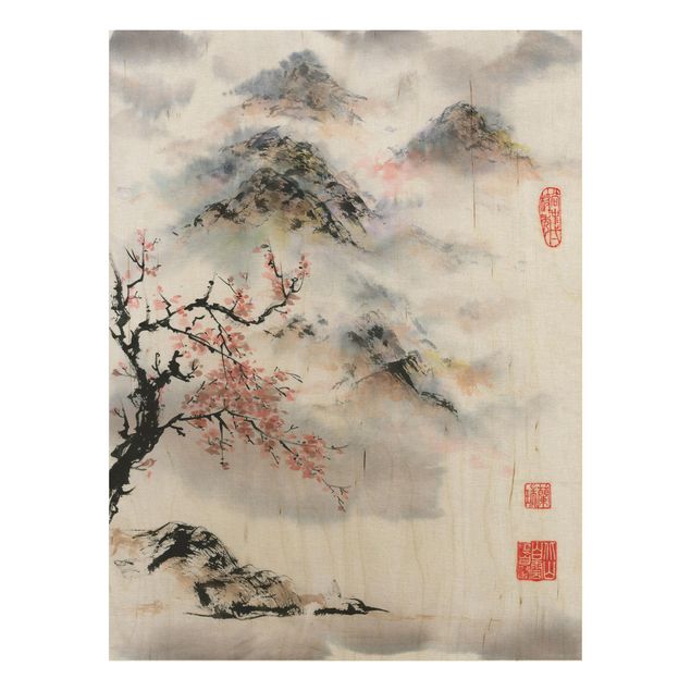 Prints på træ blomster Japanese Watercolour Drawing Cherry Tree And Mountains