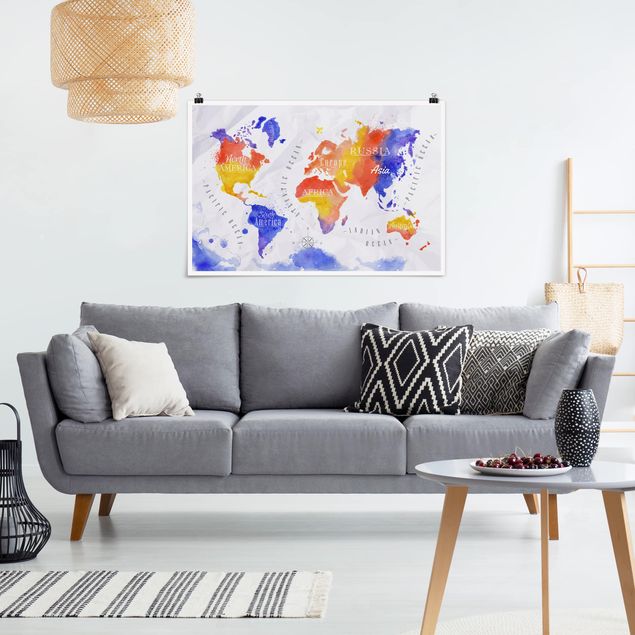 Billeder verdenskort World Map Watercolour Purple Red Yellow