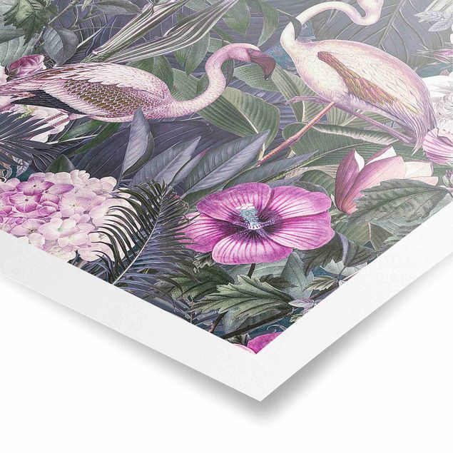 Plakater kunsttryk Colourful Collage - Pink Flamingos In The Jungle
