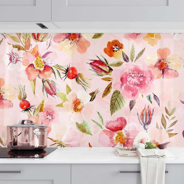 køkken dekorationer Watercolour Flowers On Light Pink